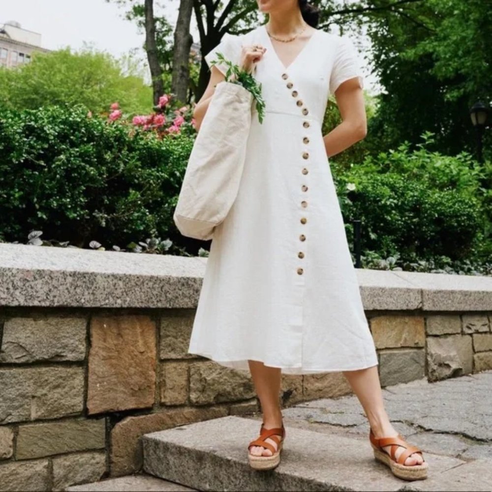 NWT Madewell Linen-Blend Button-Wrap Midi Dress White Cream Size 14